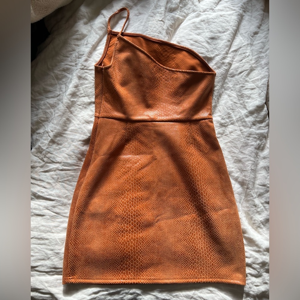 UO orange leather asymmetrical dress